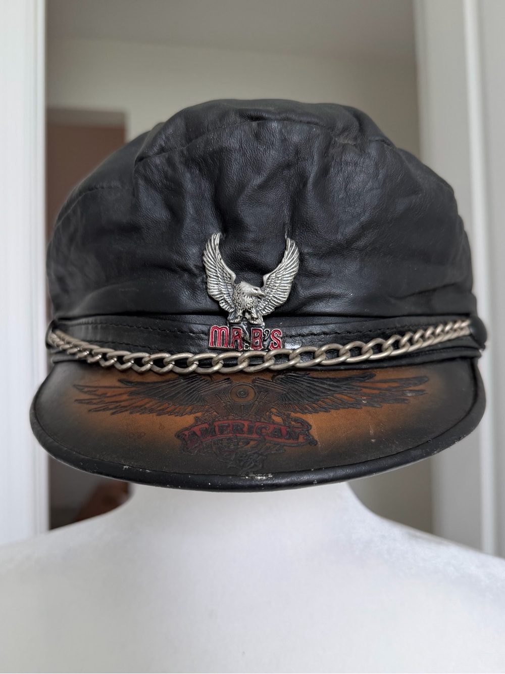 Vintage 90s Leather Biker Captain Hat USA Eagle Chain Moto Rocker Y2K Americana - Picture 3 of 16